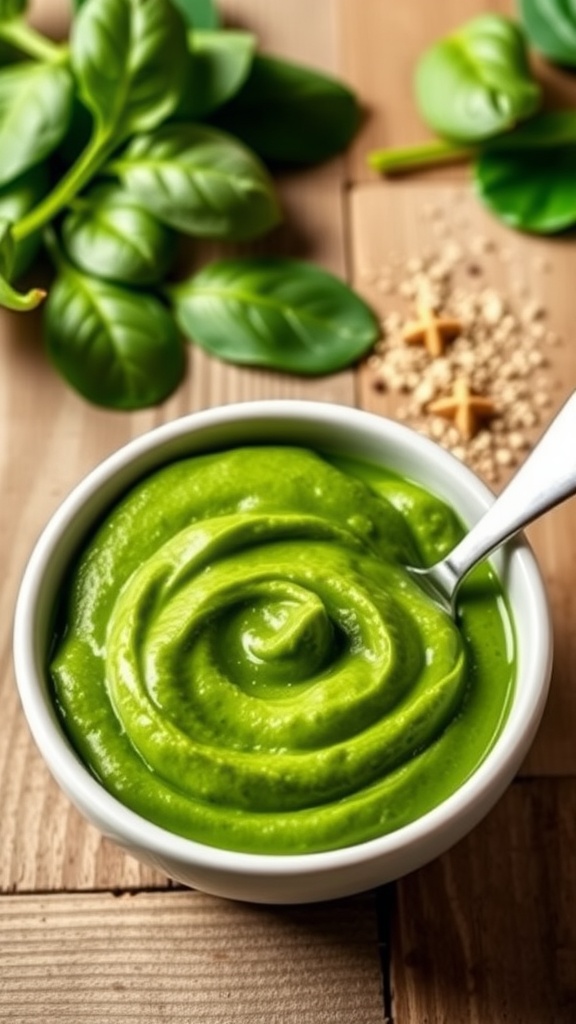 Smooth spinach puree in a baby bowl with a spoon, surrounded by fresh spinach leaves.